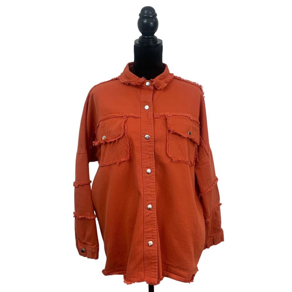 Fantastic Fawn Burnt Orange Raw Edge Distressed Denim‎ Shacket Womens Medium